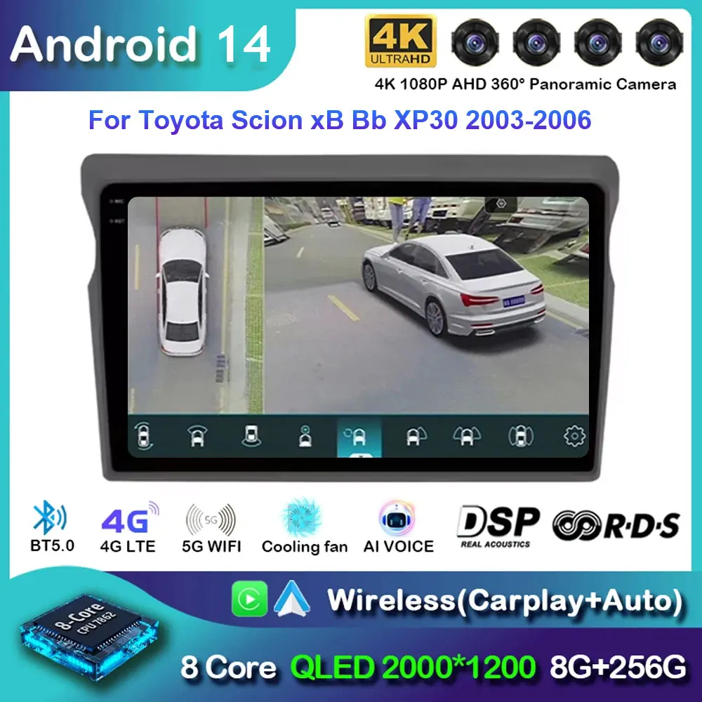 QLED 2000*1200 8G + 256G Android 14 Автомобильный мультимедийный плеер для Toyota Scion xB Bb XP30 2003-2006