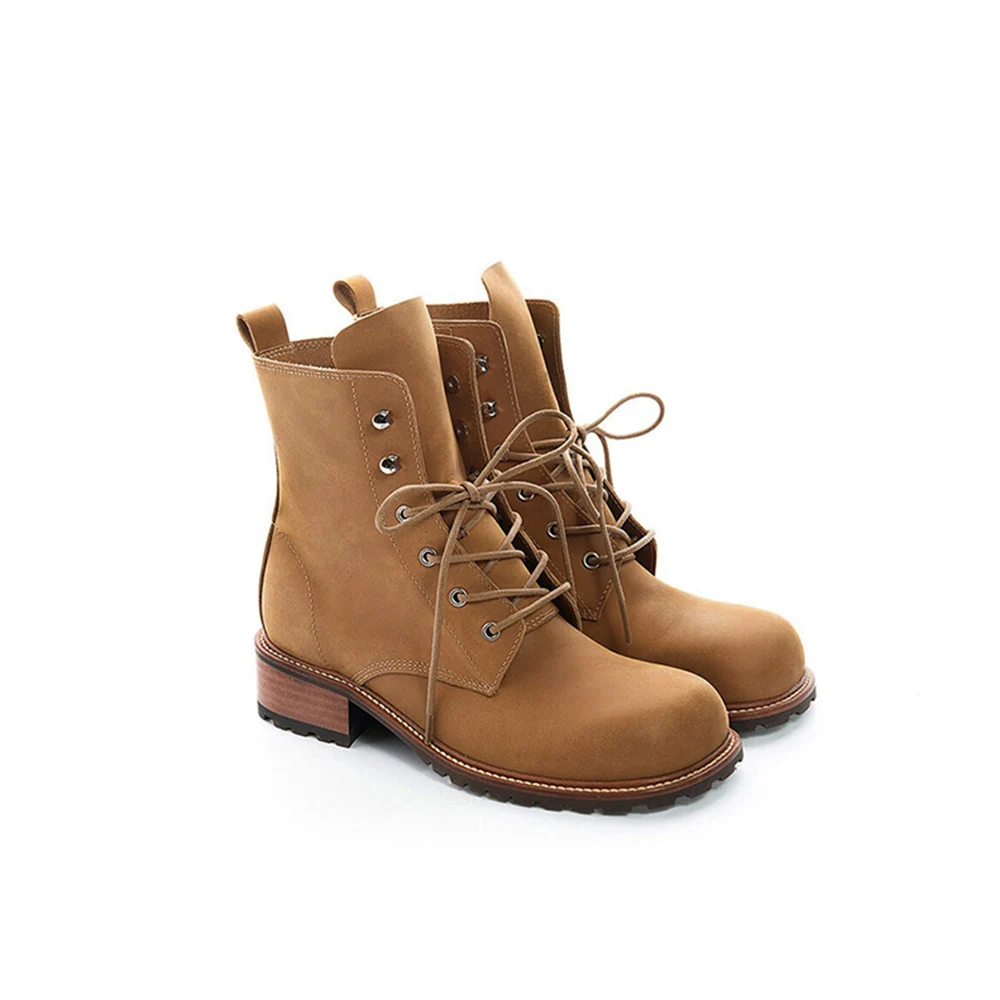 

MUMANI Woman‘s New Motorcycle boots Genuine Leather British Style Square heel Round Toe ANKLE Lace up Martin Boots