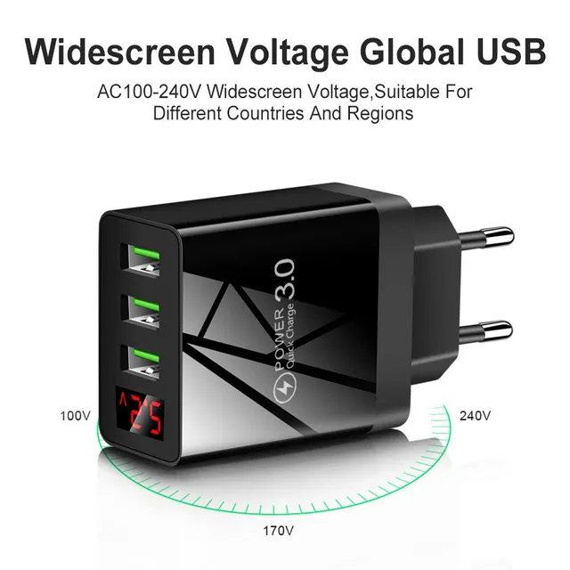 QC3.0 3USB Digital Display Fast Charging Mobile Phone Charger Multi Port with Display Charging Head Travel Charging 2