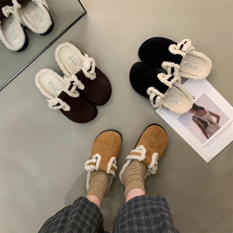 

Шлепанцы женские на резиновой подошве, меховые сланцы, плюшевые ботинки с закрытым носком, римская обувь из искусственной ткани, тапки для снежной погоды