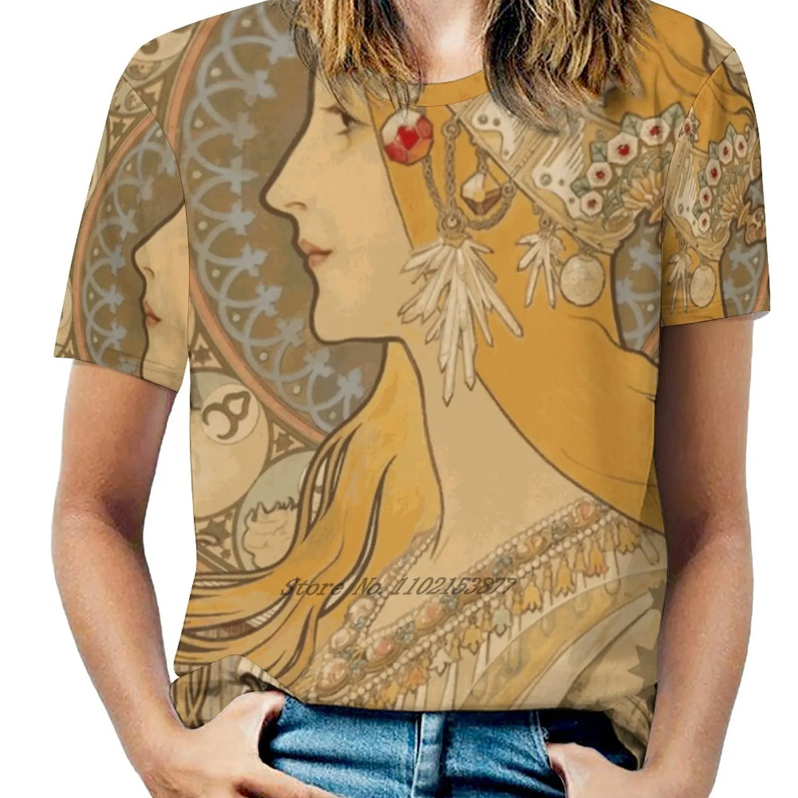 Альфонс Мария Муча. Зодиаке (Ла Плейм&quot ) 1896 - 97. Женская футболка с v-образным