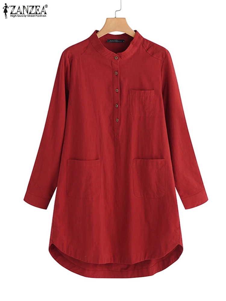 ZANZEA женское винтажное однотонное мини-платье с длинным рукавом 2023 Осенняя