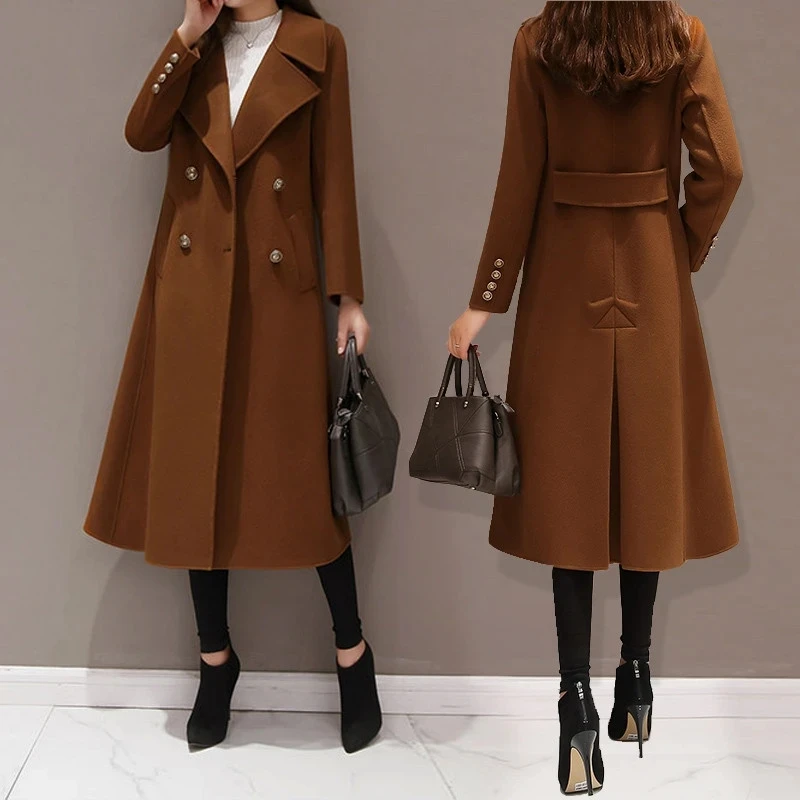 2023 New Winter Women Woolen Coat Fashion Casual Double-Breasted Long Coat Elegant Jacket Black Caramel Outerwear Windcheater