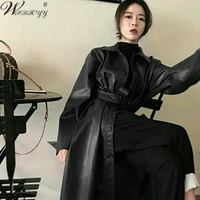 womens trench coat korean fashion mid length coat spring new loose thin pu leather windbreaker temperament elegant leather coat