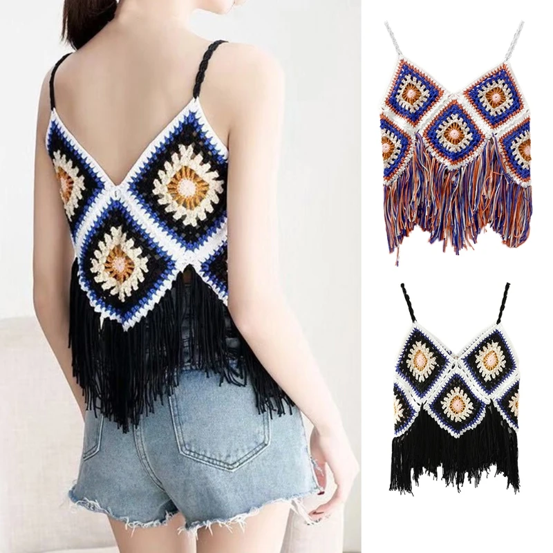 

J78E Women Crochet Knit Beach Camisole Multicolor Plaid Pattern Boho Tassel Crop Top
