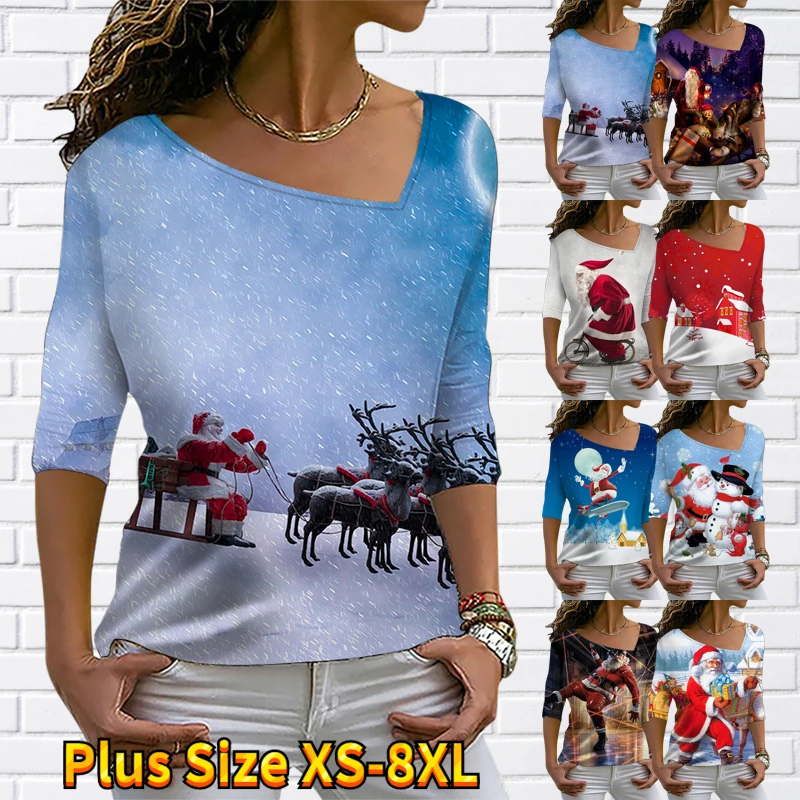 

Women's Father Christmas Printing Long Sleeve Cute Cat T-shirt Winter Tops V-Neck Pullover Autumn Fashion Christmas Tee Shirt