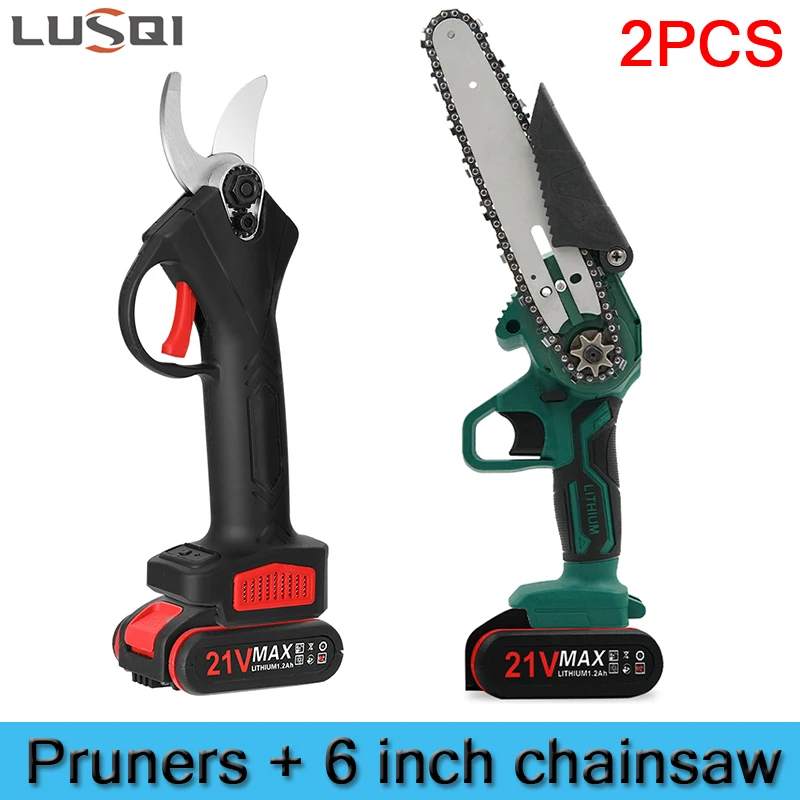 LUSQI 1/2 PCS Pruning Shears & 6 inch Chainsaw Rechargeable Lithium Battery Cordless Cutting Pruning Branch Set Garden Tools