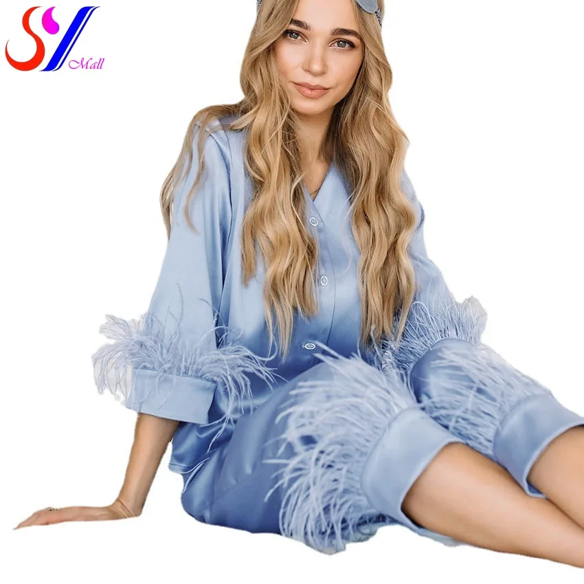 SY Pajamas Satin Woman 2 PC Chic Feather Casual Pajamas Long-sleeved Button Homewear Top and Slim Pants Set Pajamas for Women