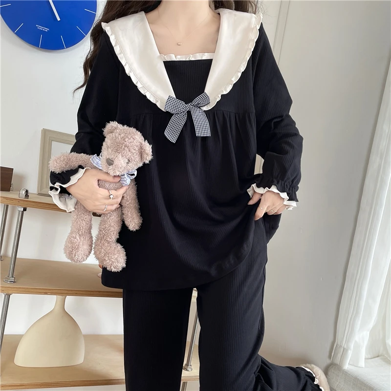 

Kawaii Navy Collar Autumn Pajamas Set Women Plaid Bow Black Home Suit Shirts + Trousers Sweet Loose Sleepwear Homewear