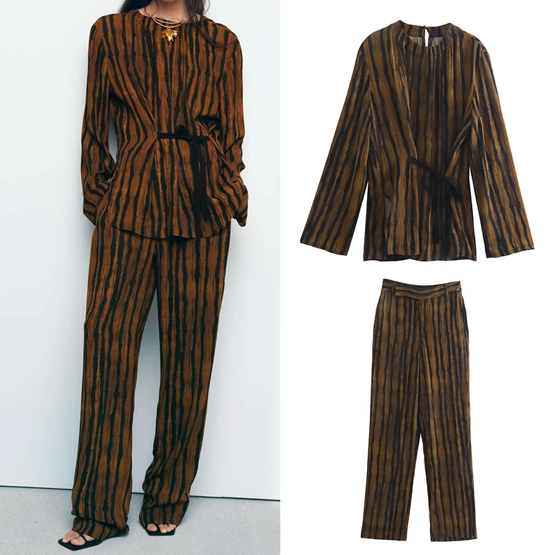 

Spring 2022 Women's Sets Long Sleeve Lace-up Print Shirts With High Waist Long Pants Female Pajama Style 2 Piece Set LY9727
