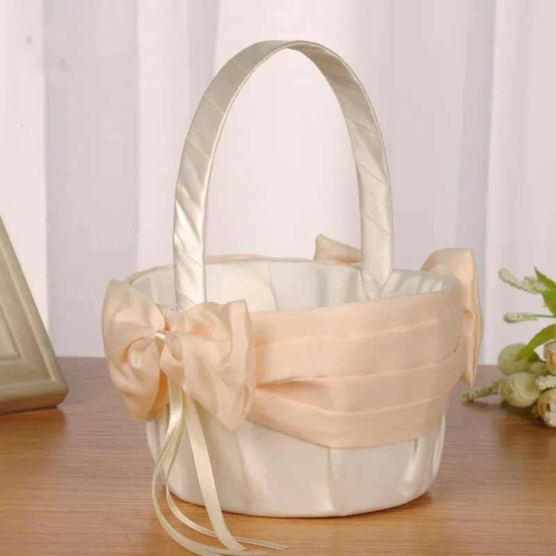 

Корзина для цветов с бантом подходит для свадебной церемонии, юбилея, милые маленькие атласные корзины для девочек цвета шампанского с цвет...