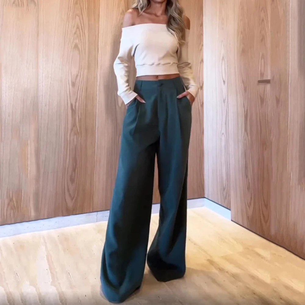 

2023 Autumn And Winter Elegant Women Suits Solid Slash Neck Pocket Fahion Casual Sets Streetwear 2-Piece(Tops+Wide Leg Pants)