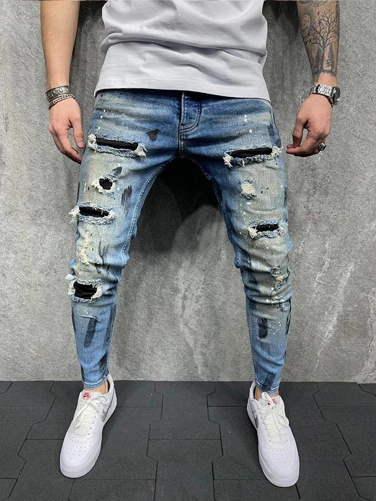 2022 New Ripped Jeans Hip Hop Denim Men trousers Trend Destroyed black slim-fit feet pants Men's paint jeans