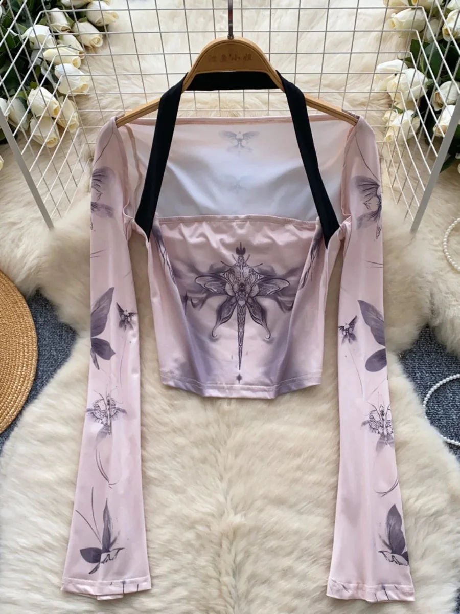 Женские рубашки с квадратным вырезом и принтом на шее топы обтягивающие