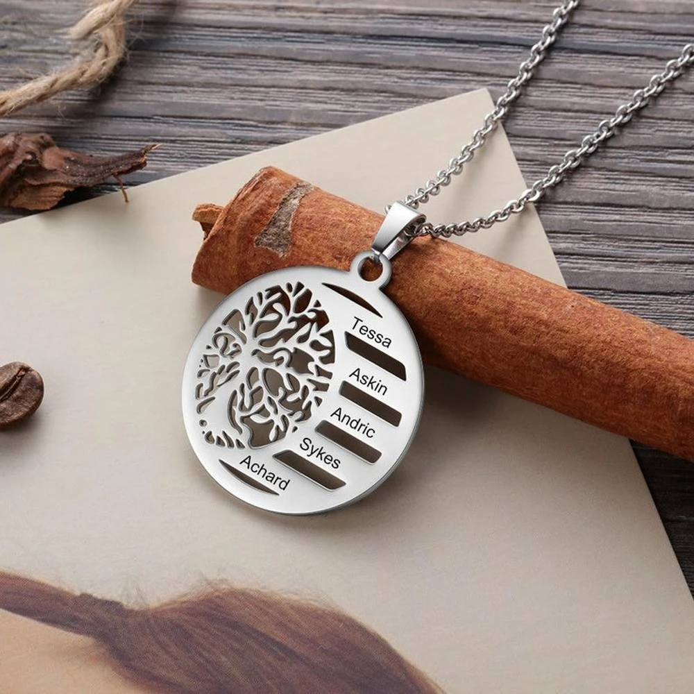 

Tree of Life Pendant Necklace for Women Stainless Steel Custom Engraved 1-5 Names Round Silver Necklaces Christmas Gifts Jewelry