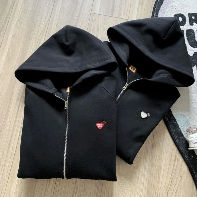 

top quality 2023fw Black Cardigan Heart Zipper Fashion Hoodie Men 1:1 Human Made Sweatshirts Women Pullovers