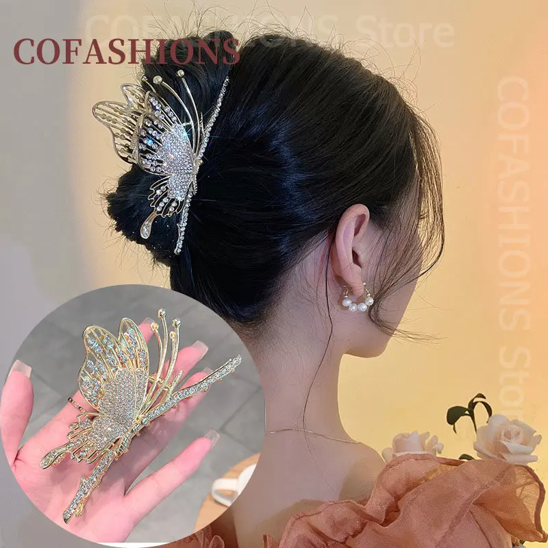 Korean Women Hair Claw Gold Butterfly Grab Clip Large Elegant Luxury Vintage Diamond Pearl Hair Clip 2022 Hair Accessories