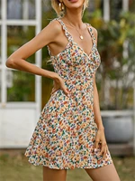 floral print backless straps bohemian mini dresses for women 2022 summer a line v neck high waist boho casual dress slim fit