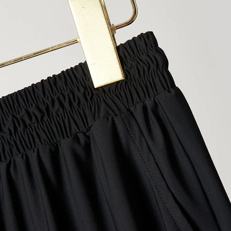 Casual Elastic Waist Black White Trousers Summer Thin Ice Floss Pockets Plus Size High Elasticity Seven Points Straight Pants