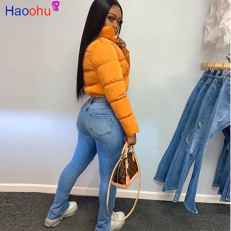 HAOOHU Crop Puff Jacket for Women Winter Clothes Warm Parka Fashion Outwear Long Sleeve Zip Thick Down Bubble Lapel Coats