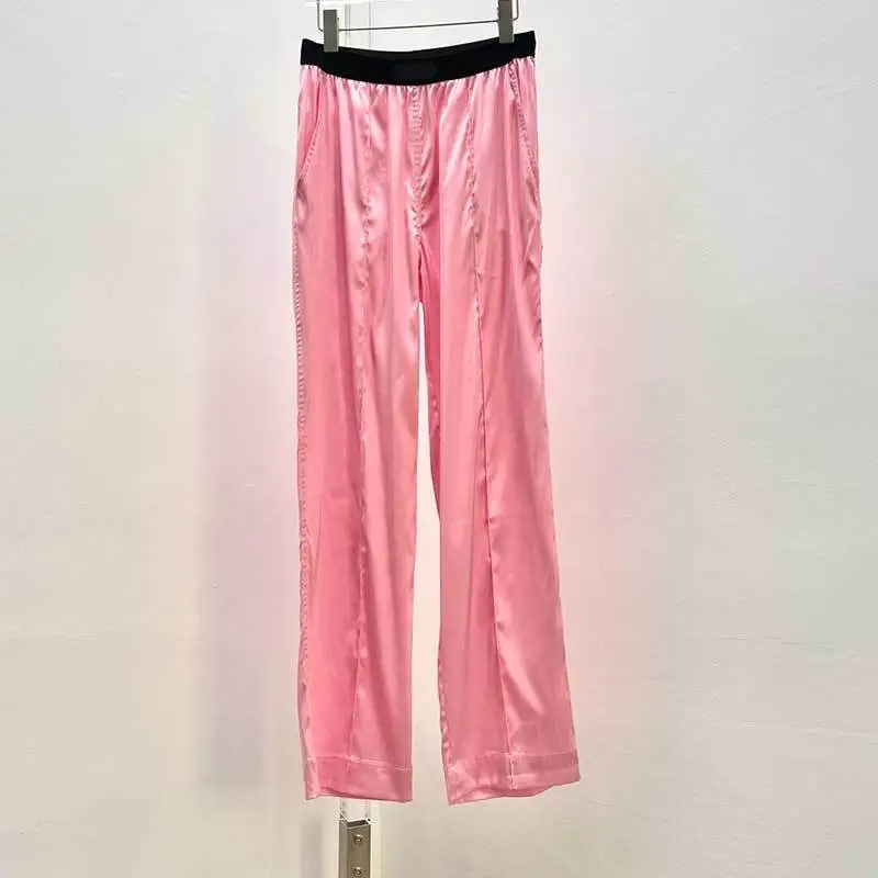 23Summer New Solid Straight Pants Fashion Runway Simple Elastic Waistband Wide Leg Trousers Causal Women Loose Clothes 4Color