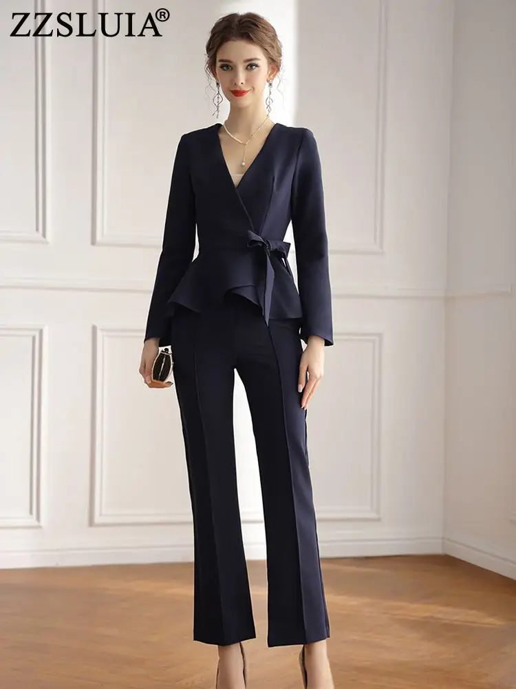 

Temperament Trouser Suits For Women V Neck Flare Sleeve Sashes Design Tops+Long Pant Set Fashion Elegant Twinset Female Clothing