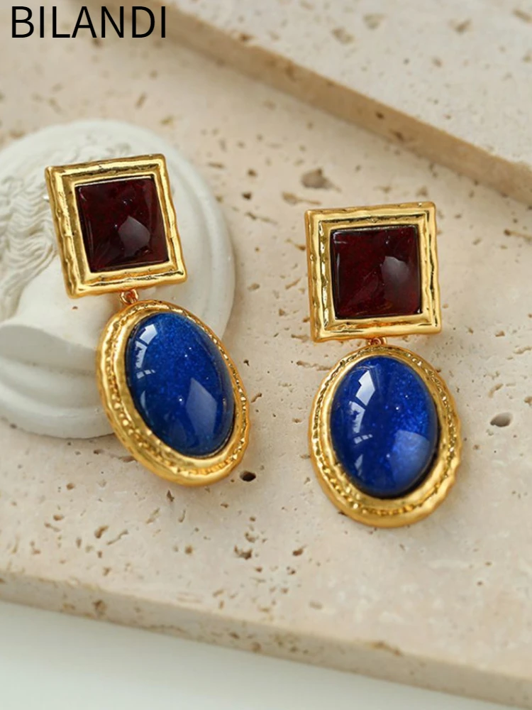 

Bilandi Modern Jewelry 925 Silver Needle Wine Color Square Oval Blue Resin Earrings For Women Girl Gift Senior Sense 2023 New