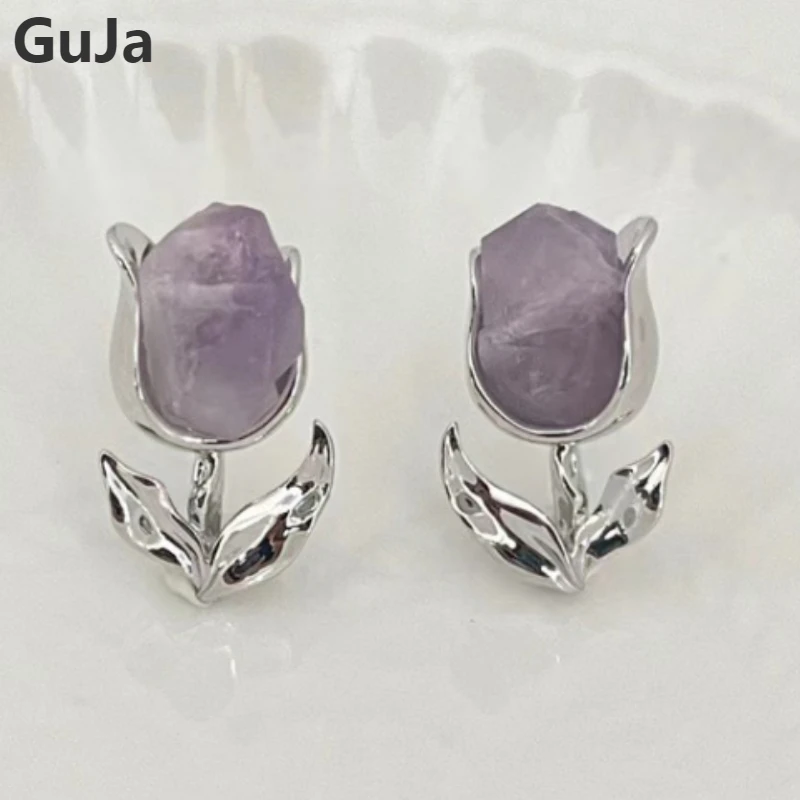 

Sweet Jewelry 925 Silver Needle Beautiful Purple Tulip Flower Earrings For Women Gifts Retro Senior Sense Ear Accessories