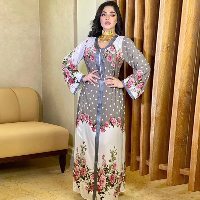 Ramadan Eid Mubarak Kaftan Dubai Printed Abaya For Women 2022 Long Sleeve Loose Floral Muslim Dress Arab Jilbab Abaya Turkey New