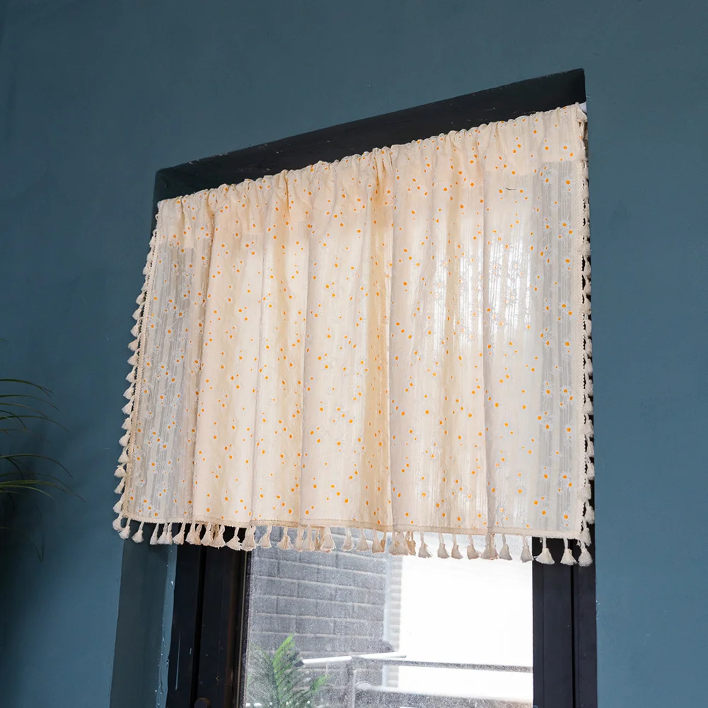 

White Floral Short Curtain Retro Small Yellow Polka Dots on Background Equally Sized Circle Pattern, Cloth Fabric Bathroom Decor