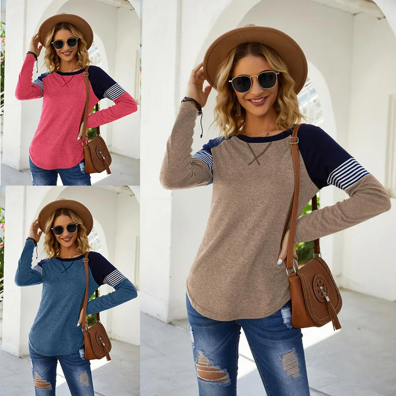 

2023 Women Long Sleeve T Shirts Stripes O Neck Fashion Casual Patchwork Spring Autumn Streetwear Office Lady Female