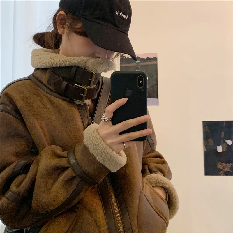 Lamb Coat Women's Autumn And Winter 22new Loose Thickened Zipper Solid Color Straight Fur One Motorcycle Clothing Leather Jacket