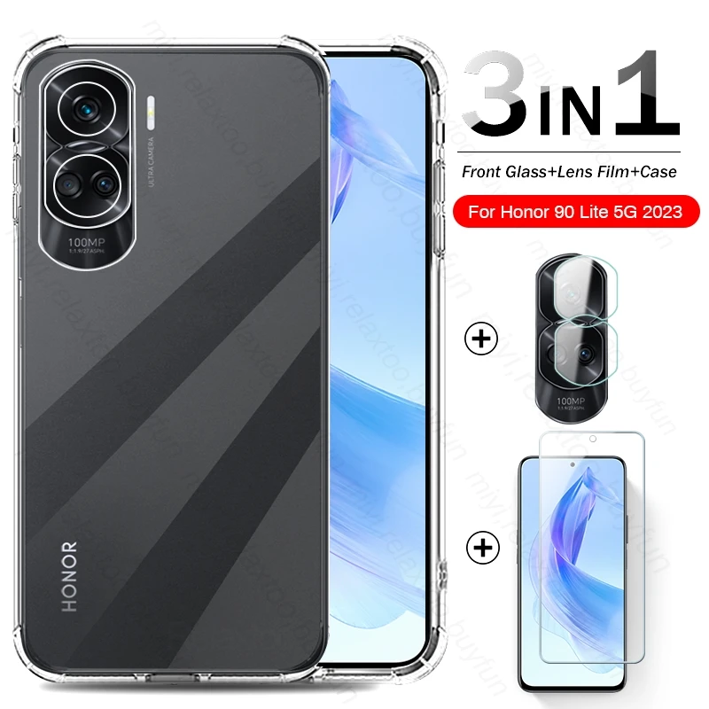 3to1 Honer 90 Light 5G Case + Camere Lens Screen Protector Tempered Glass On For Honor 90 Lite 90Lite 5G Soft TPU Protect Fundas