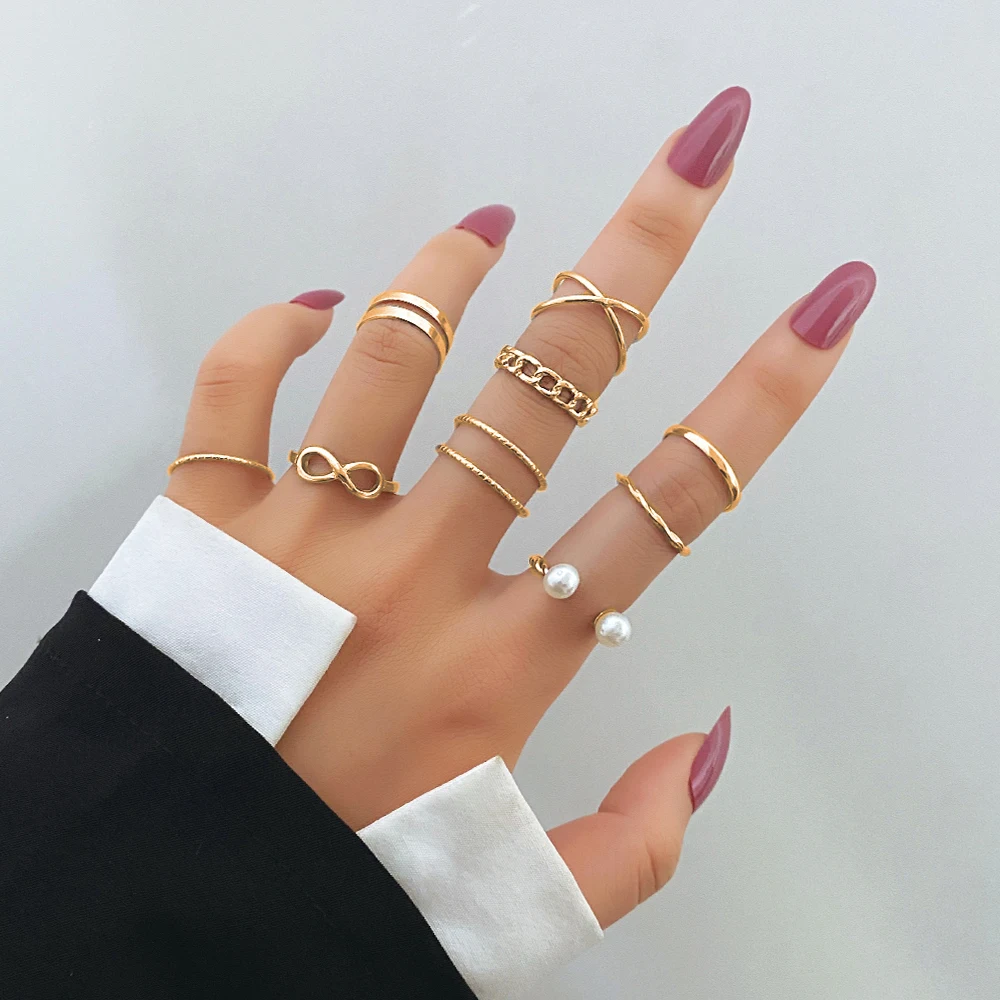 

9pcs Punk Gold Wide Chain Rings Set For Women Girls Fashion Irregular Finger Thin Rings Gift 2022 Female Knuckle Jewelry Party