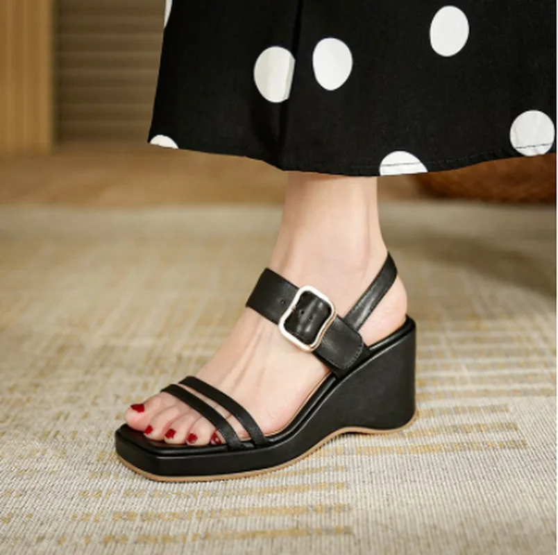 

summer New Style Women Leisure Sandals Solid color Concise Comfortable Square Toe officelady Genuine Leather soft