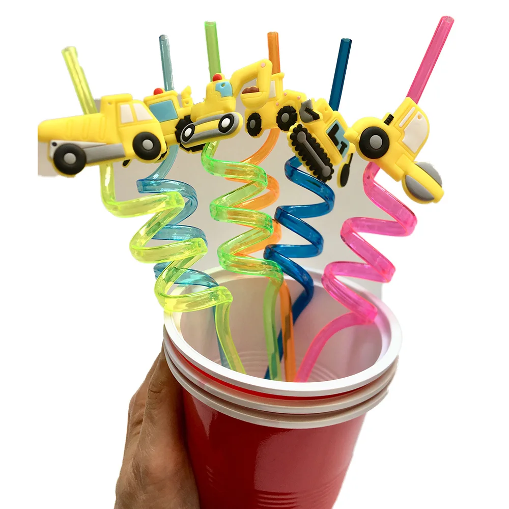 

6Pcs/Set Reusable Construction Plastic Straws Excavator Bulldozer Blender Truck Birthday Party Baby Shower Decoration Supplies