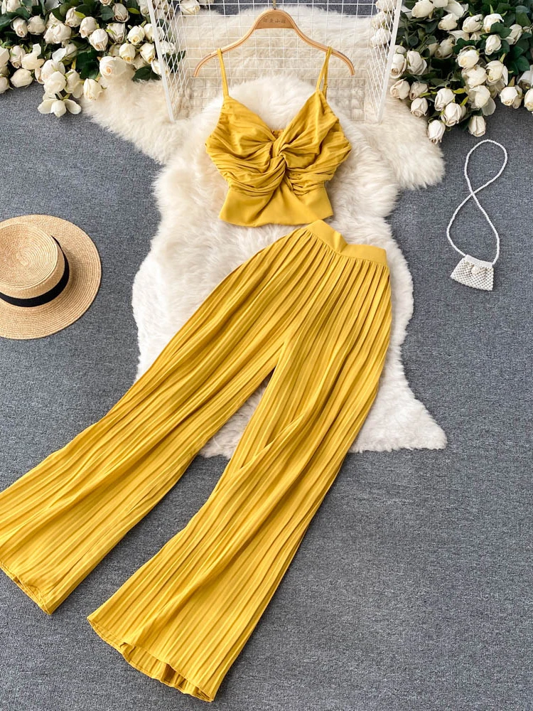 

Two Piece Set Summer Women Pleated Sexy Female Criss Cross Twist Strap Tops + High Waist Draped Pants Beach Suits Vacation New