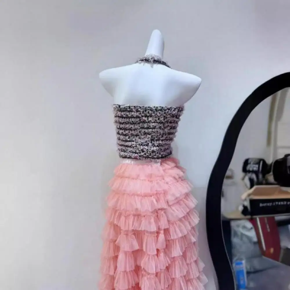 Пикантный женский розовый твидовый тканый жилет на бретельках без рукавов