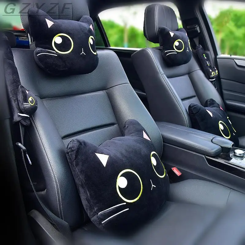 

Cute Cat Car Neck Pillow Cartoon Cat Head Car Headrest Travel Cushion Cat Seatbelt Shoulder Pads Covers Rearview Mirror Cover