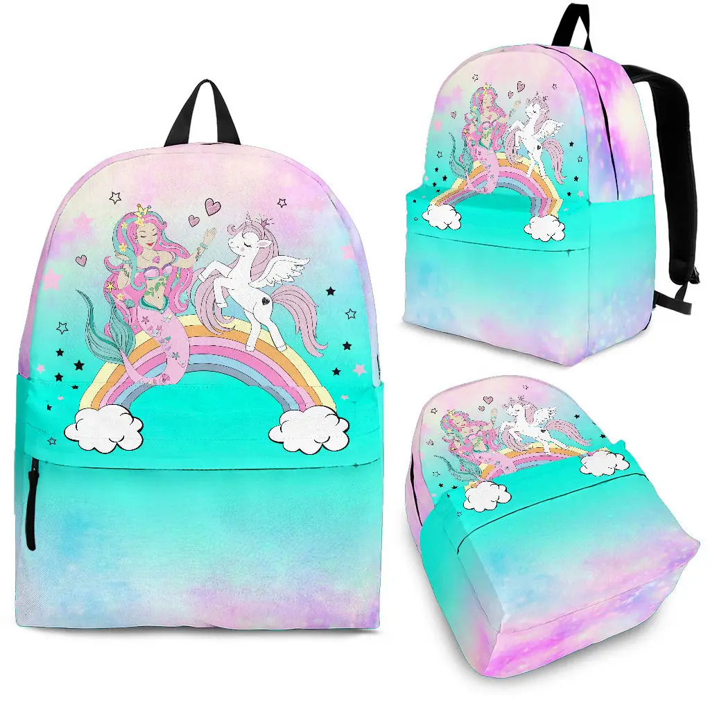 

YIKELUO Gradient Color Cartoon Rainbow Unicorn Mermaid Print Durable Brand Backpack For Girl Children Schoolbag With Zipper