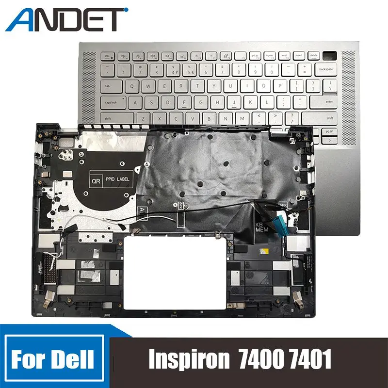 

Новинка, оригинальная безрамочная Клавиатура для ноутбука Dell Inspiron 7400 7401 без сенсорной панели, верхняя крышка, подставка для рук, верхняя искусственная кожа, серебристый корпус