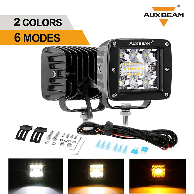 AUXBEAM-Luz LED de trabajo cuadrada, lámpara de conducción con arnés de cableado de 10 pies, 72W, 3 pulgadas, 6 modos, luz blanca ámbar, función de memoria