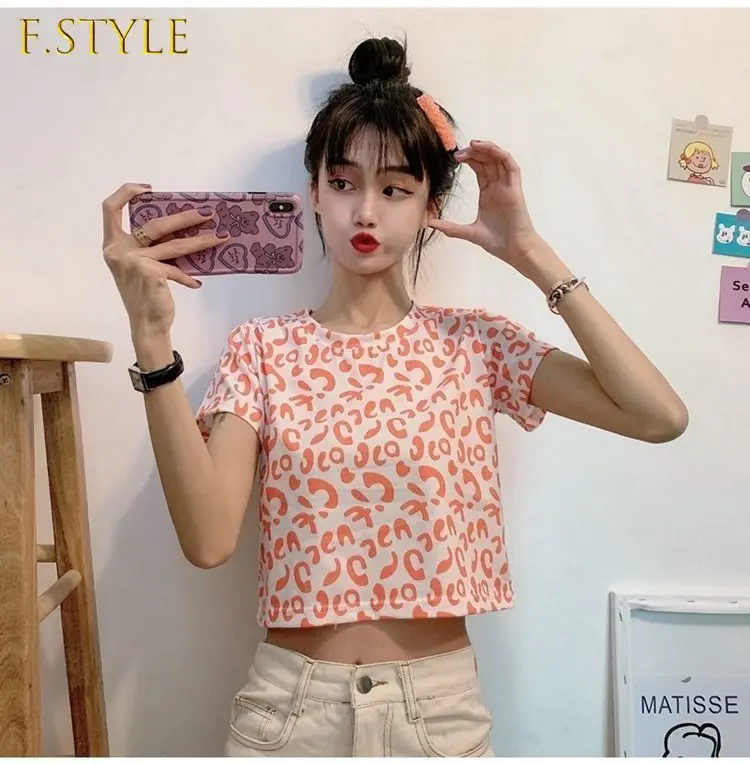 

Leopard T-shirt Women Summer Slim Harajuku Crop Top Students Stylish Simple All-match 5 Colors Mujer Leisure Hot Sale Ins Retro