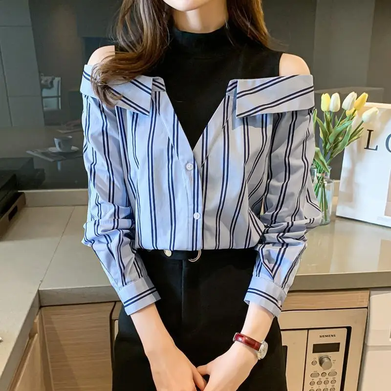 

Fashion Striped Spliced Off Shoulder Fake Two Piece Blouse Women's Clothing 2023 Spring New Casual Pullovers All-match Shirt