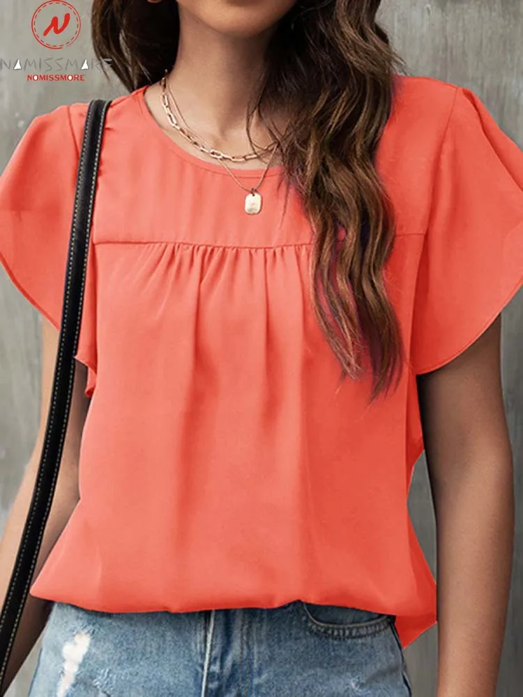 

Модные женские летние однотонные футболки лоскутный дизайн с оборками Декор Круглый вырез рукав-бабочка повседневные свободные пуловеры Т...