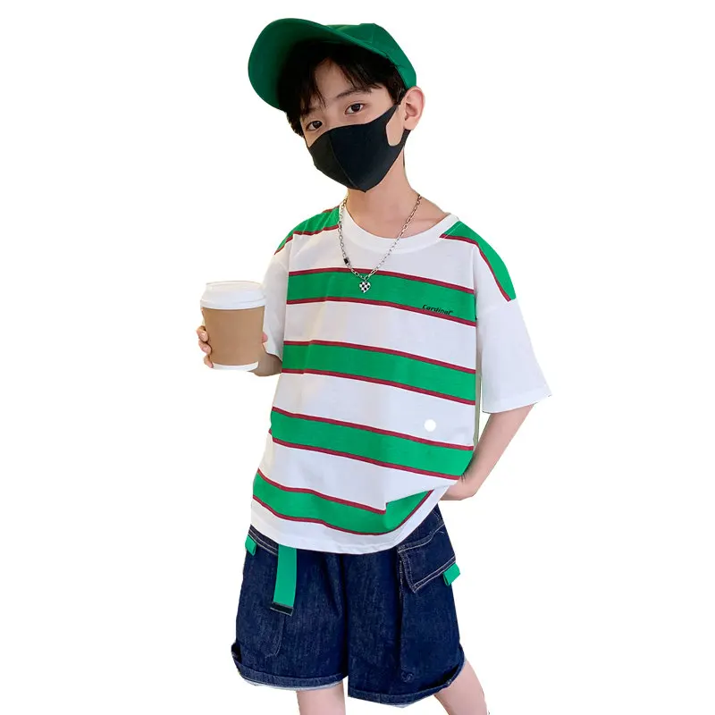 

Boys Summer Clothes Suit Kids Short Sleeve Striped T-shirt + Denim Shorts 2pc Sports Casual Outfits for Teenage Boy Clothing Set