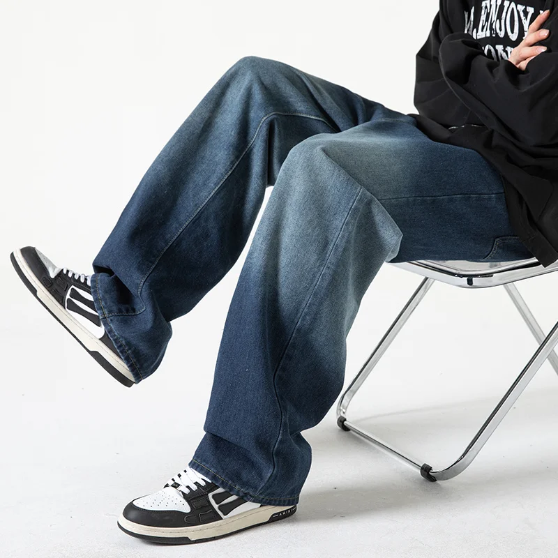 Blue Black Baggy Jeans Men Fashion Retro Gradient Jeans Men Japanese Streetwear Hip-hop Loose Straight Denim Pants Mens Trousers