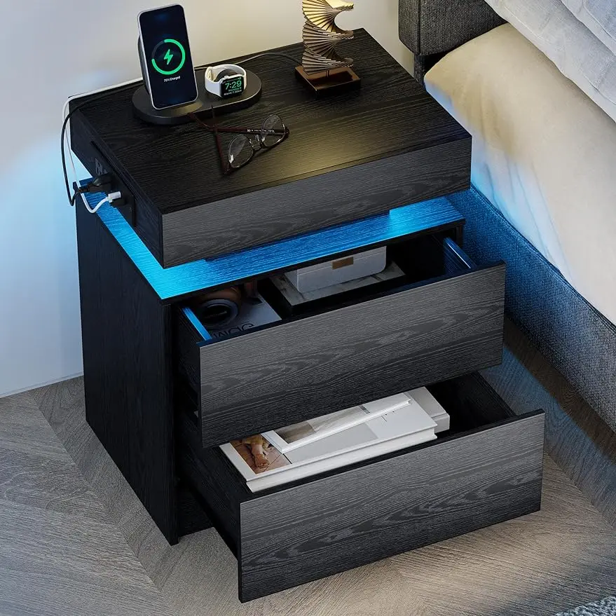 

LIKIMIO Night Stand with Charging Station, Modern Black Nightstand with LED Light and Drawers, Bedside Tables/End Table