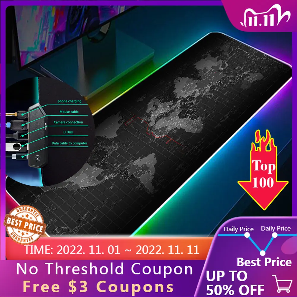

Old Map Mouse Pad Luminous Mouse Pad RGB 4 Ports Mouse Pad Type-C Line Mouse Pad Led Desk Pad 4HUB Port for Keyboard and Mouse