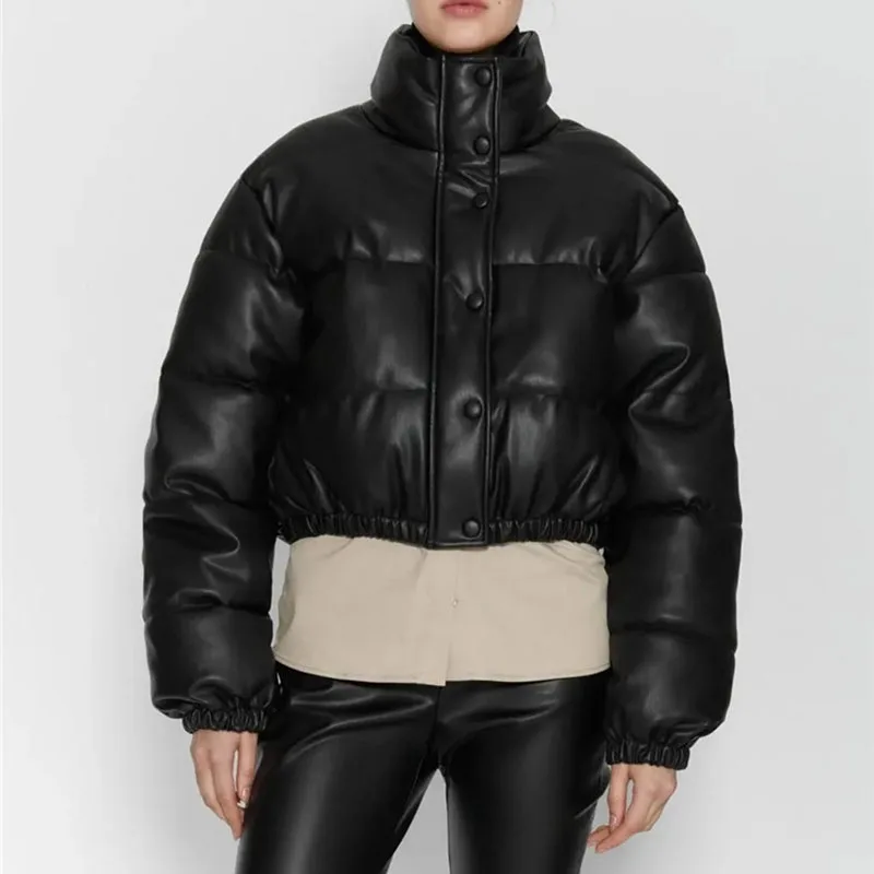 Winter Jacket Women Fashion Casual Solid Color Simple Imitation Leather Cotton Clothing Women's Winter Stand Collar Jacket Coat